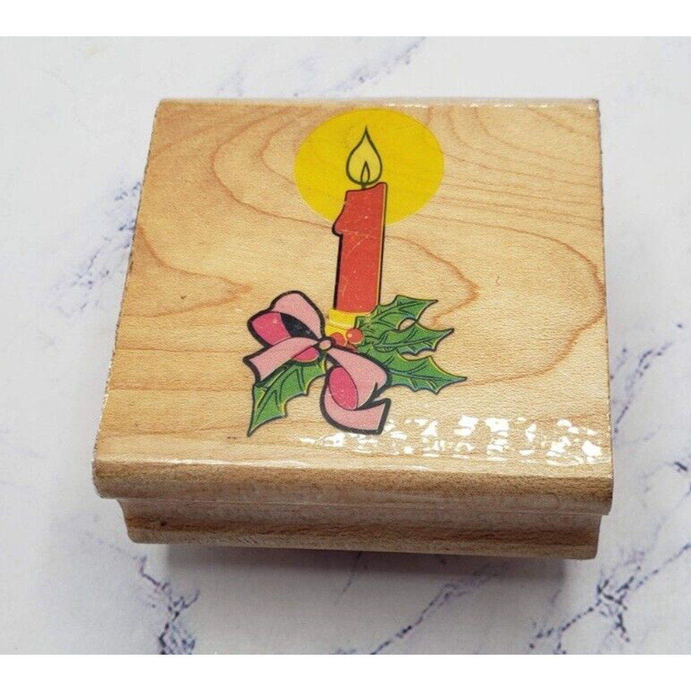 Holiday Christmas Candle With Bow Canadian Maple Collections Rubber Stamp